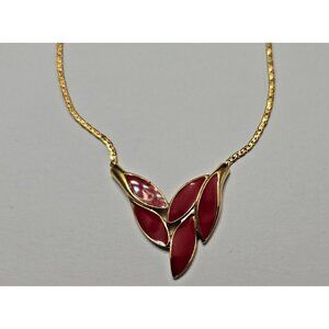 Vintage Trifari Red Enamel Leaf Gold Tone Necklace